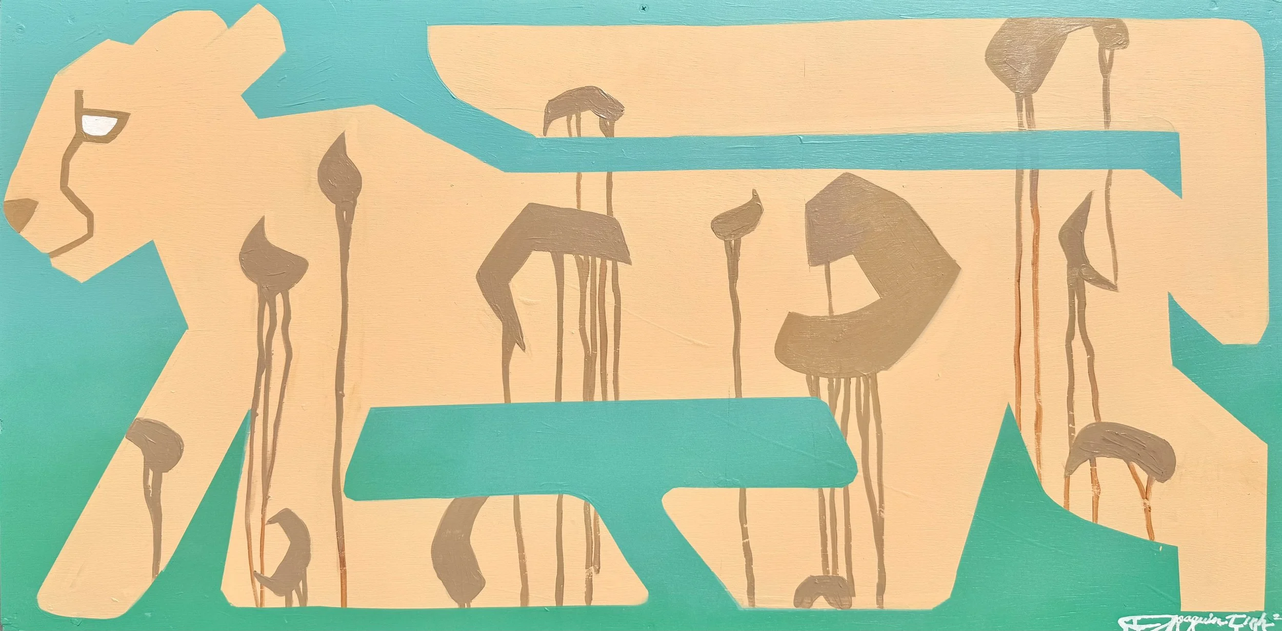 Abstract painting with stylized wading birds with long legs and necks, in shades of brown and gray, against a background of turquoise and beige geometric shapes.