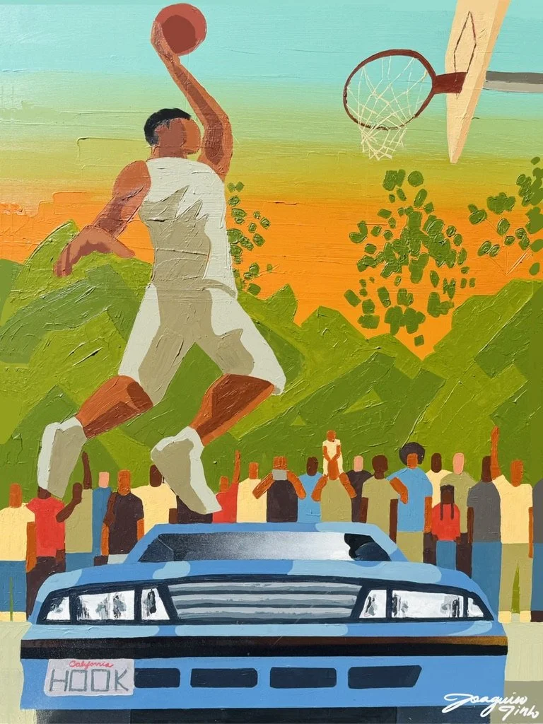 A colorful illustration of a basketball player jumping to shoot a ball towards the hoop, with a crowd of spectators in the background. A vintage blue car with a license plate reading 'HOOK' is in the foreground.