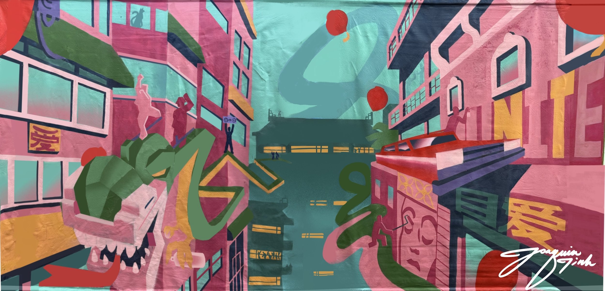 Colorful street scene mural with buildings, people, and balloons, featuring vibrant pink, blue, green, and red tones in an abstract style.