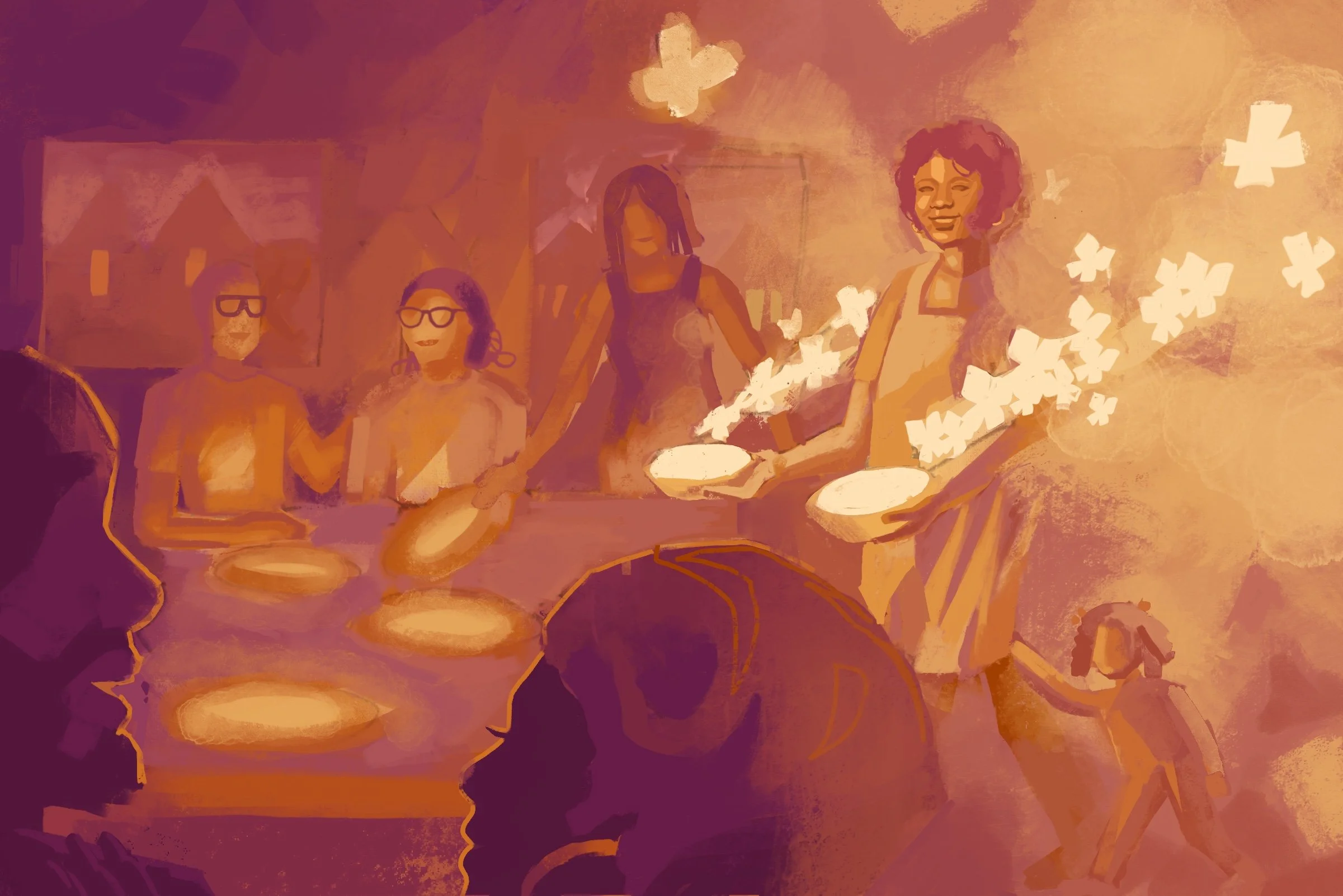 An illustration of a group of diverse women gathered around, with one woman holding a bowl and smiling, surrounded by floating white flower shapes.