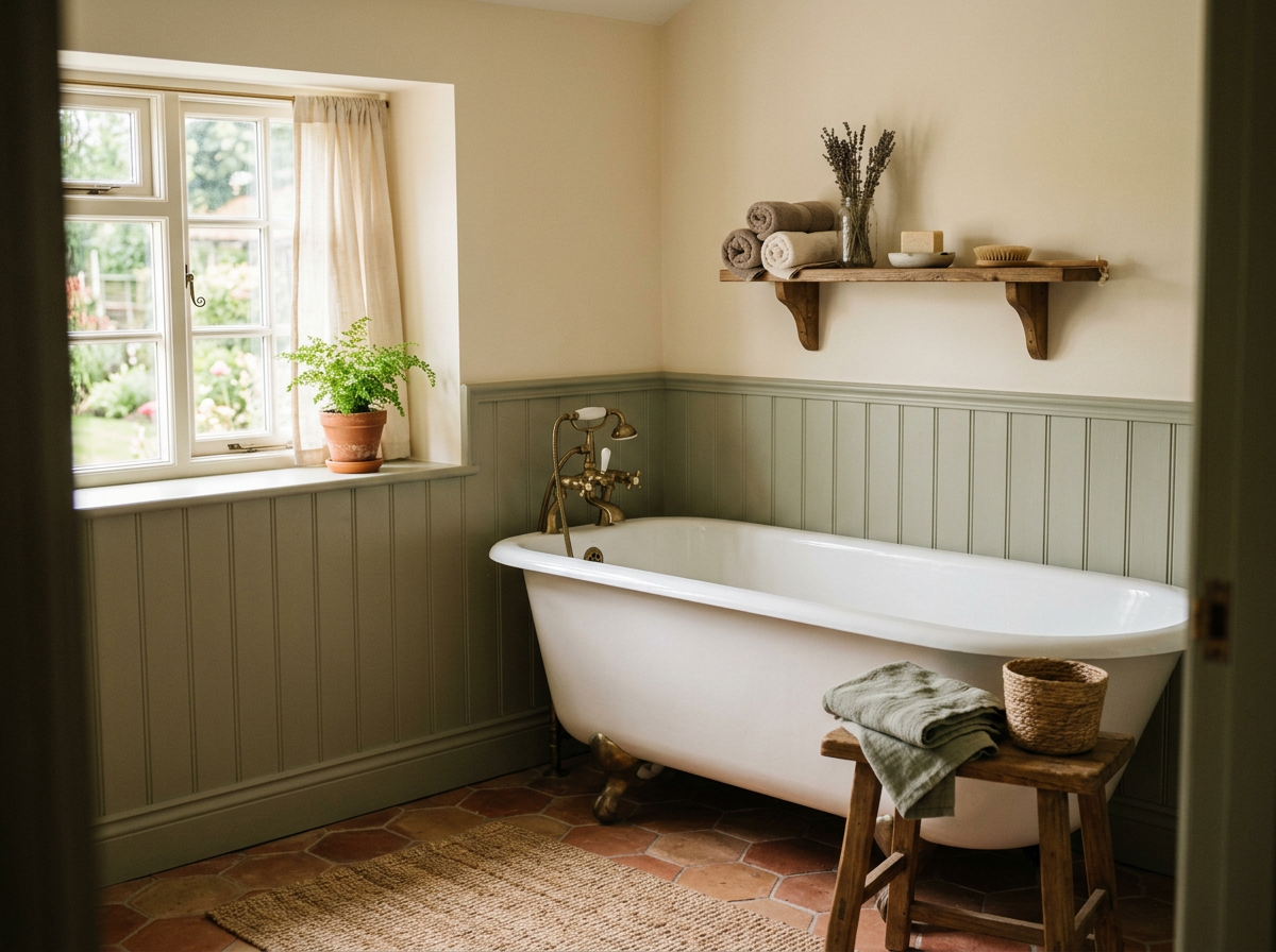 A cozy bathroom with a vintage clawfoot bathtub, a wooden stool with towels and a basket, a window with a potted plant, and a wall shelf with towels, candles, and a vase with dried lavender.