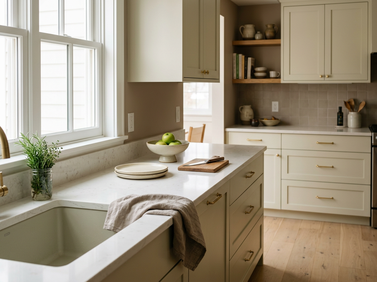 Bright kitchen with white cabinetry, a marble countertop, and a large window. On the counter, there's a white bowl with green apples, a stack of plates, and a cutting board with a knife. A potted herb is near the window, and open shelves with dishes and kitchen items are visible.