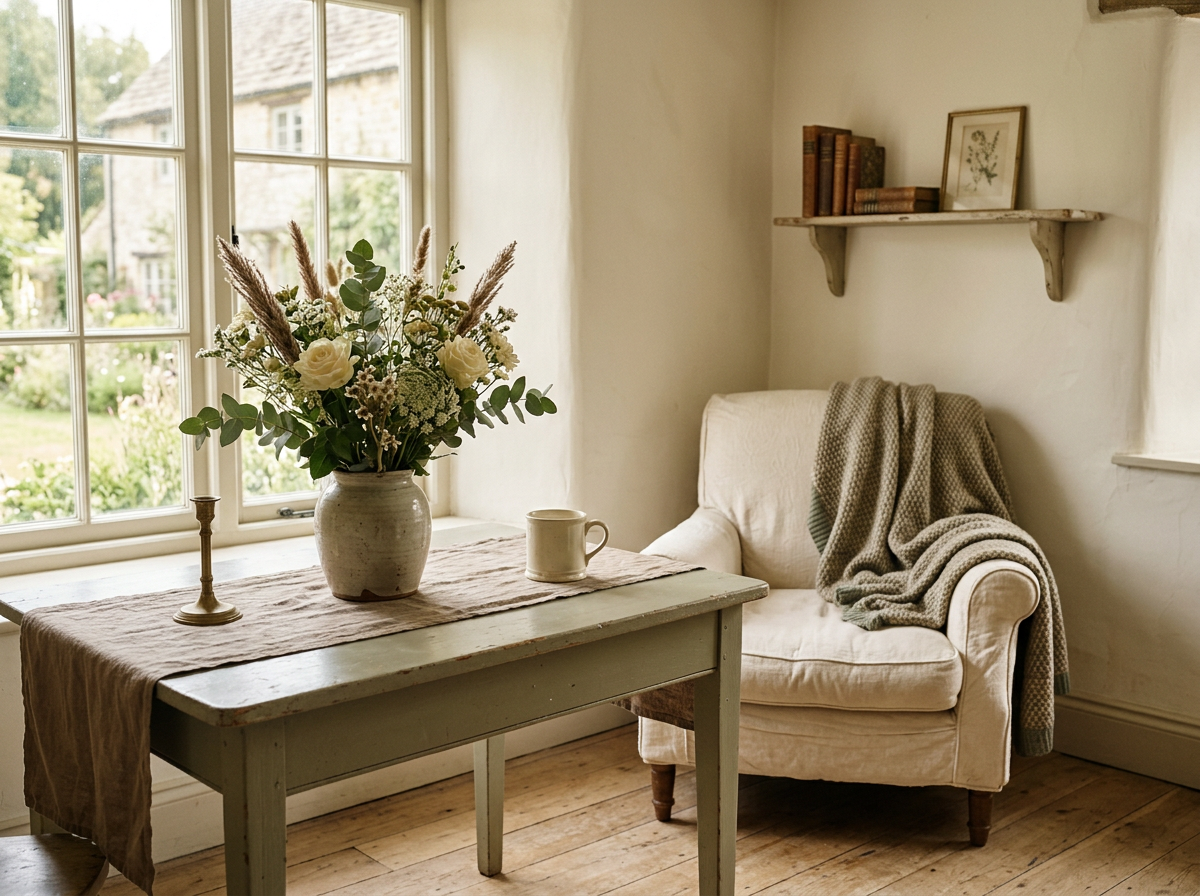 A cozy room with a large window, a white armchair with a beige blanket, a wooden table with a vase of flowers, a mug, and a candlestick, with a shelf holding books and a framed picture on the wall.