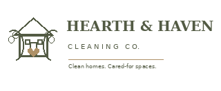Logo for Hearth & Haven Cleaning Co., featuring a house with a heart in the center.