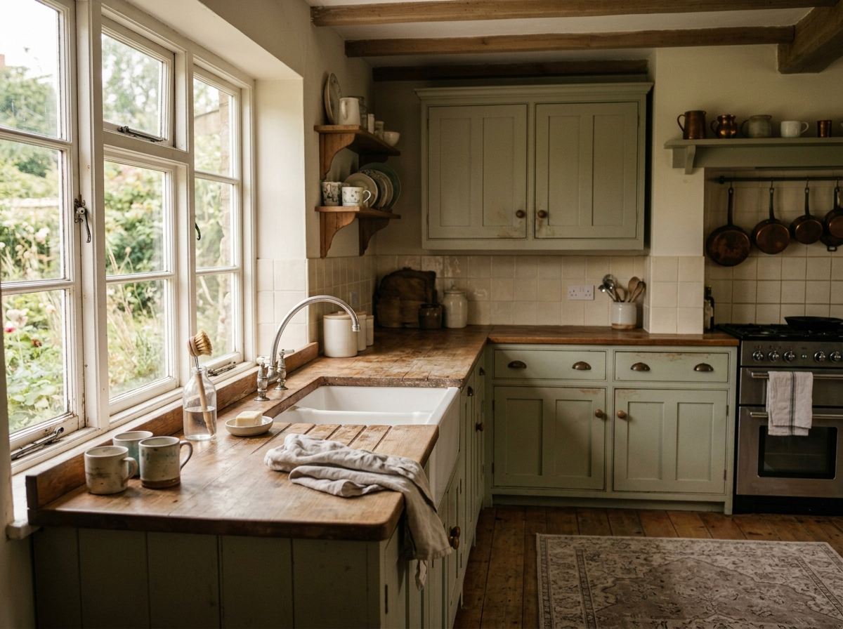 A cozy country kitchen with green cabinets, wooden countertops, a white farmhouse sink, and a large window with a garden view. Open shelves hold dishes and copper pots, and an oven with hanging pots is visible.