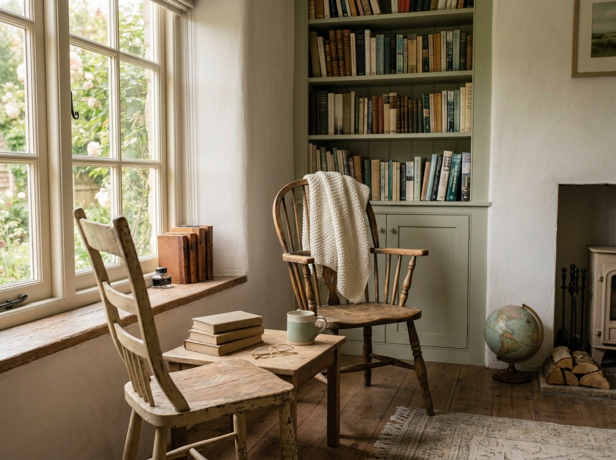 Cozy reading corner with a wooden chair draped with a blanket, a small table with books, mug, and glasses, a bookshelf filled with books, and a globe by a fireplace with neatly stacked logs, near a window with a view of greenery.