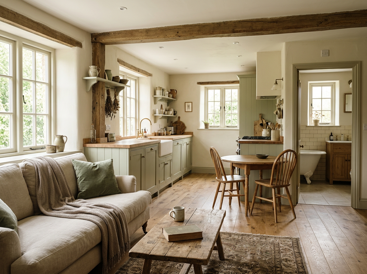 A cozy kitchen and living room area with natural light, featuring a beige sofa with green pillows, a wooden coffee table with a mug and book, light green cabinet with open shelves, a small round wooden dining table with two chairs, and a separate bathroom with a clawfoot tub visible through a doorway.
