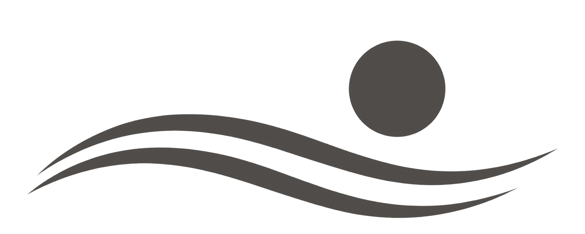 A black and gray design featuring a large gray circle and three curved lines beneath it, resembling waves or flowing motion.