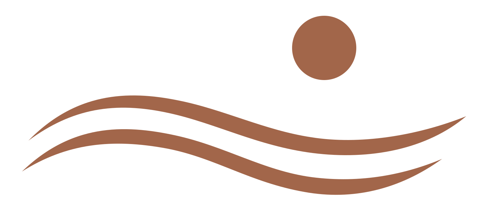 Stylized brown waves with a brown circle representing the sun or moon above.