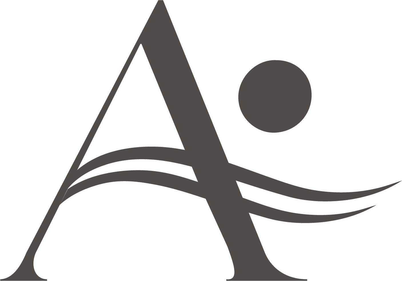 Stylized black and gray letter A with a circle and flowing lines.