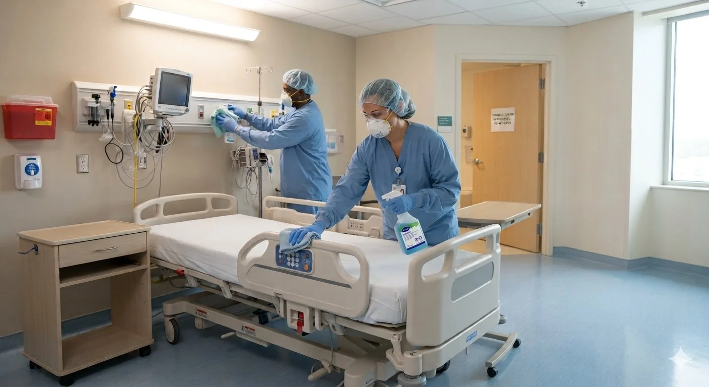 Two healthcare workers in protective scrubs, masks, and gloves disinfect a hospital bed in a clean, well-lit room with medical equipment and a large window.