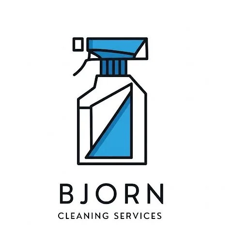 Logo of a spray bottle with blue cleaning solution, with the text "BJORN CLEANING SERVICES" underneath.