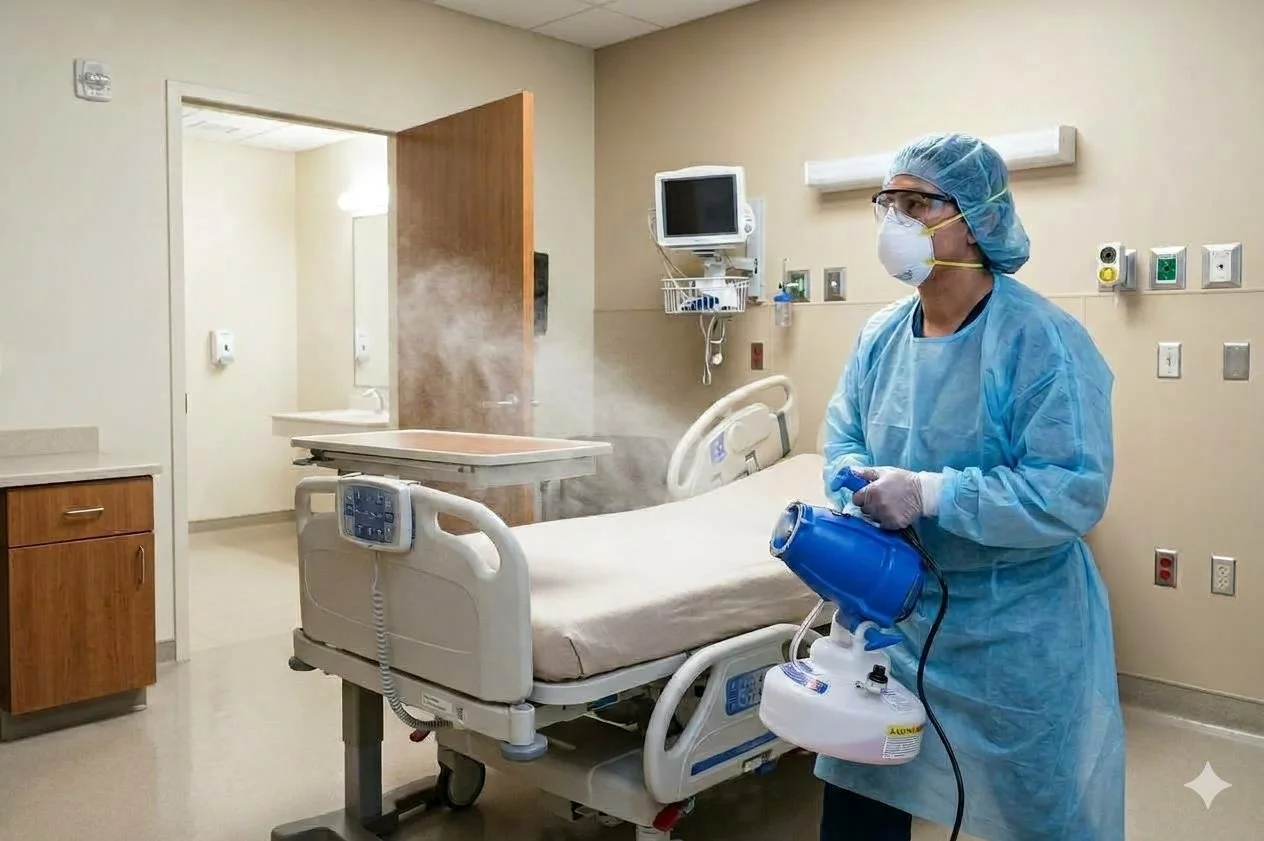 A healthcare worker in full protective gear disinfecting a hospital room with a steam cleaner. The room contains an unoccupied hospital bed, medical equipment, and monitors.