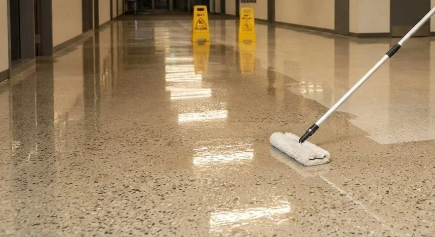 A mop cleaning a shiny tiled floor in a hallway with yellow caution signs in the background.