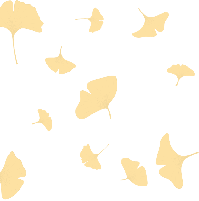 Cream-colored ginkgo leaves scattered on an abstract digital artwork background.