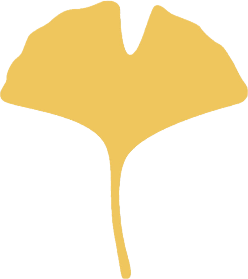 A stylized, golden-yellow ginkgo leaf with a fan-shaped structure and a thin stem.