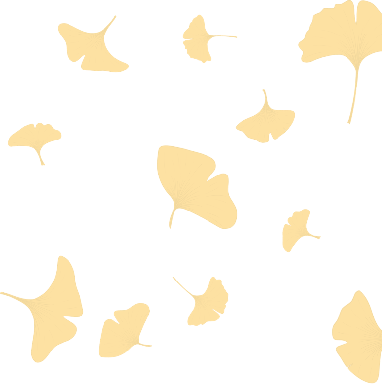 Cream-colored ginkgo leaves scattered on an abstract digital artwork background.