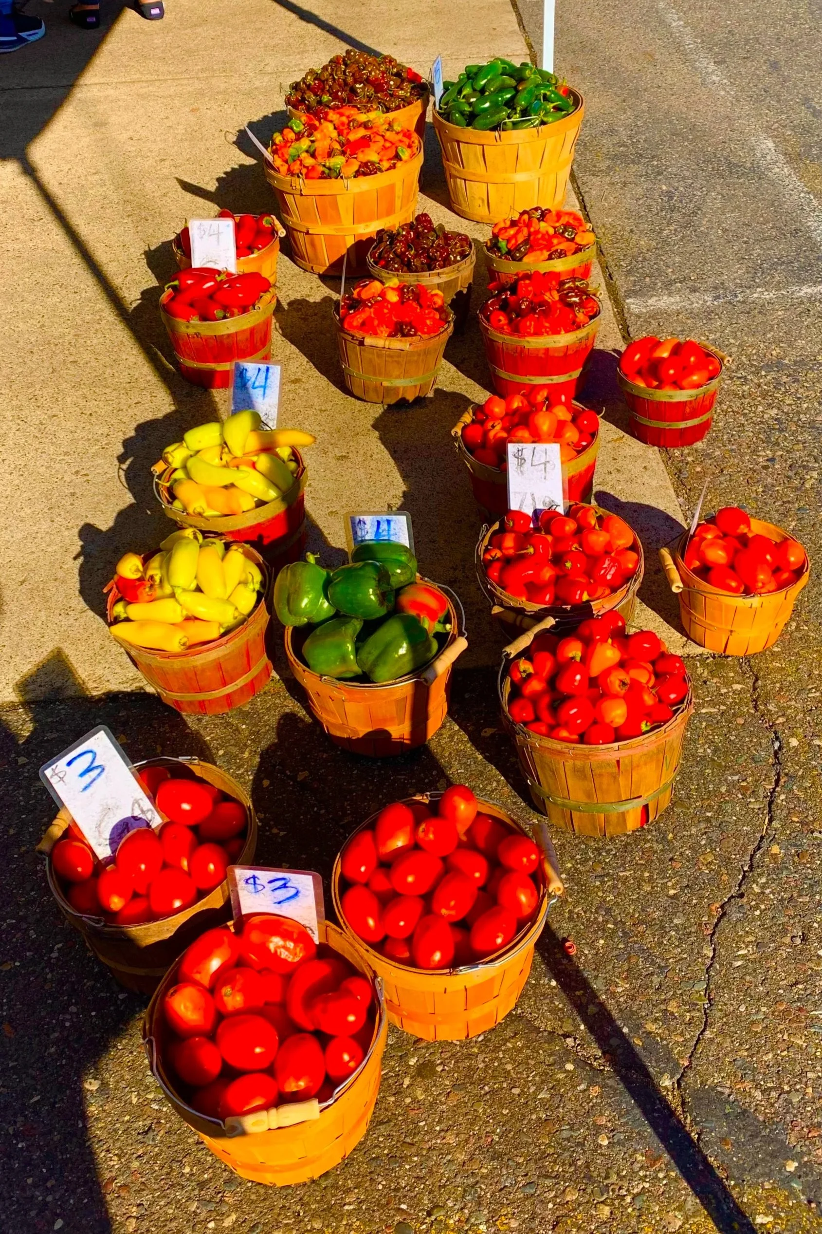 Baskets of fresh tomatoes and peppers at an outdoor market with price signs on some baskets.