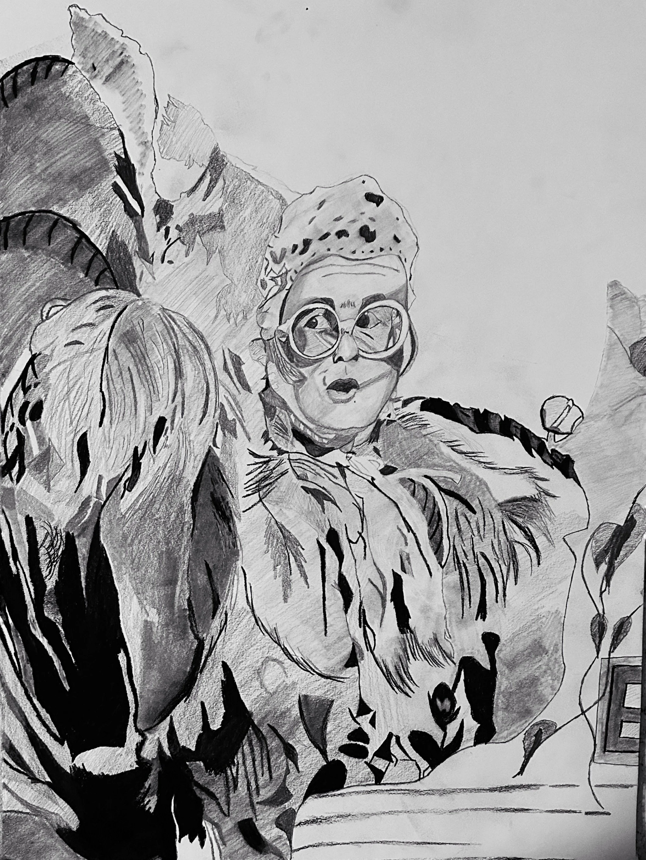 A hand-drawn sketch of a woman with glasses, wearing a leopard-print hat and a leopard-print scarf, holding large pumpkins.