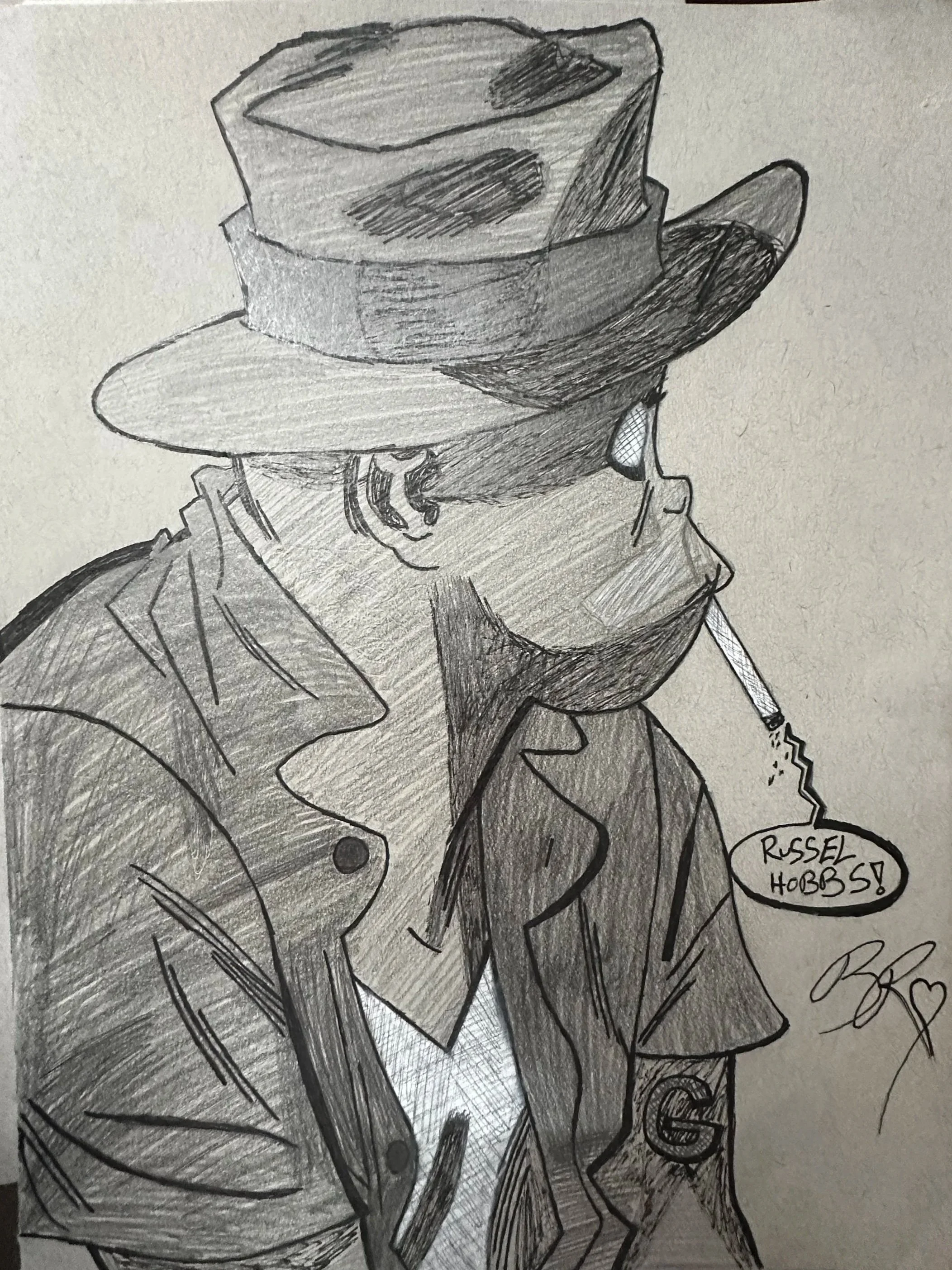A hand-drawn sketch of a person wearing a wide-brimmed hat, with a cigarette in their mouth. The person is dressed in a jacket and has earrings. There is a speech bubble near the bottom right corner with the text "Russel Hobbs!".