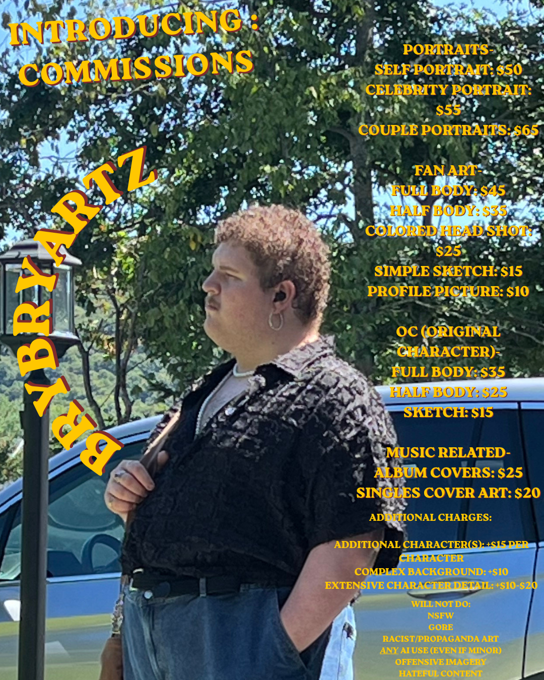 Promotional poster for Bearby Barrtiz offering various art commissions including portraits, fan art, original characters, and music-related cover art. The poster features a side profile of a person with a curly haircut, wearing earrings and a patterned shirt, standing outdoors against a background of trees and a parked car.