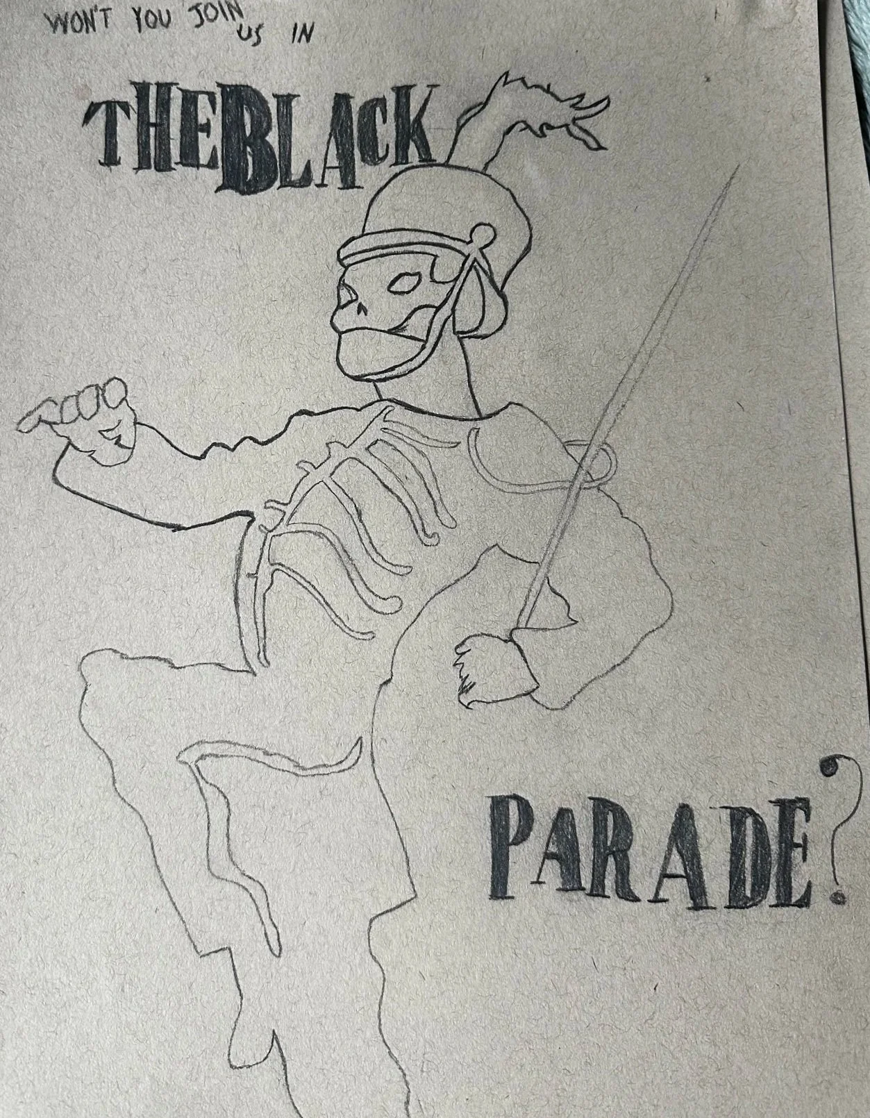 A line drawing of a skeleton riding a horse, wearing an equestrian helmet and holding a lance. The text at the top reads 'Won't you join us in THE BLACK PARADE!'
