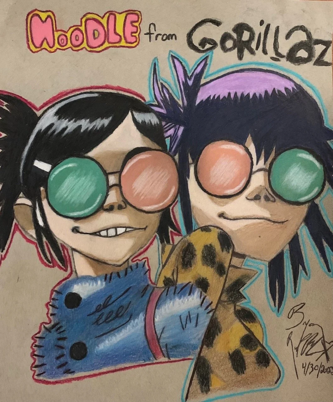 Colorful drawing of two characters wearing large round sunglasses with green and pink lenses. The character on the left has black hair with a red hair tie, and the one on the right has purple hair with spiky tips. Both are smiling with a relaxed expression, holding plush toys—a blue one with black spots and a yellow one with black spots. Text above reads 'Hoodle from Gorillaz'. The artist's signature and date are in the bottom right corner.