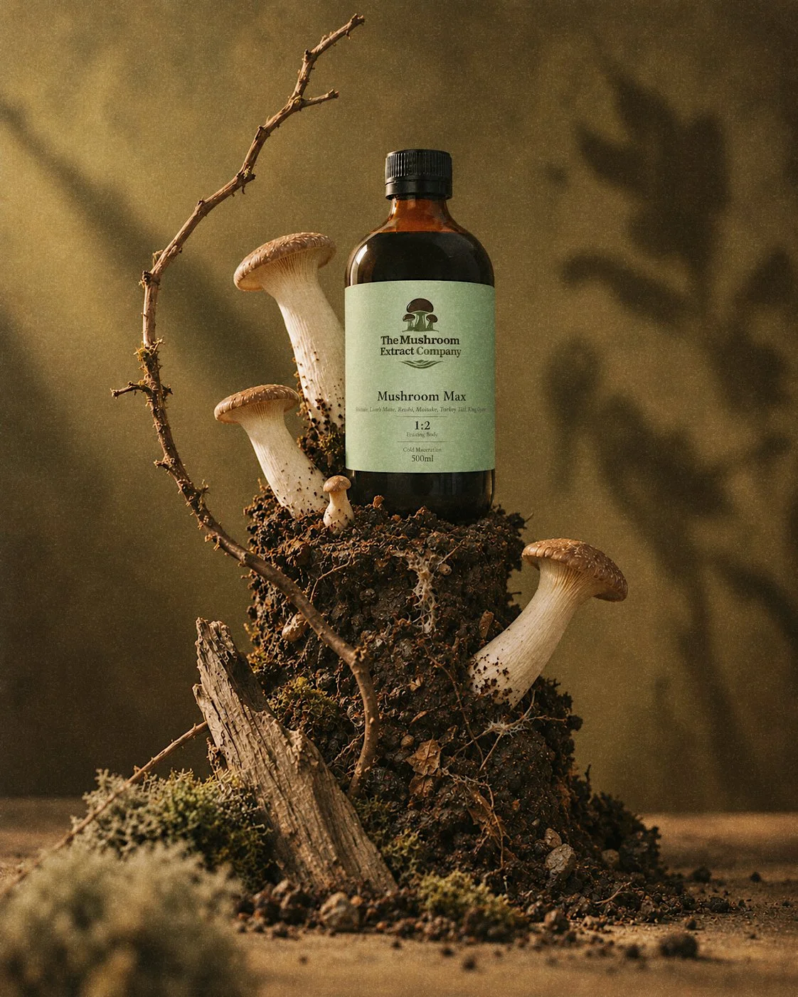 A dark glass bottle labeled 'Mushroom Max' from The Mushroom Extract Company, placed on a piece of soil with mushrooms growing around it, set against a textured brown background.