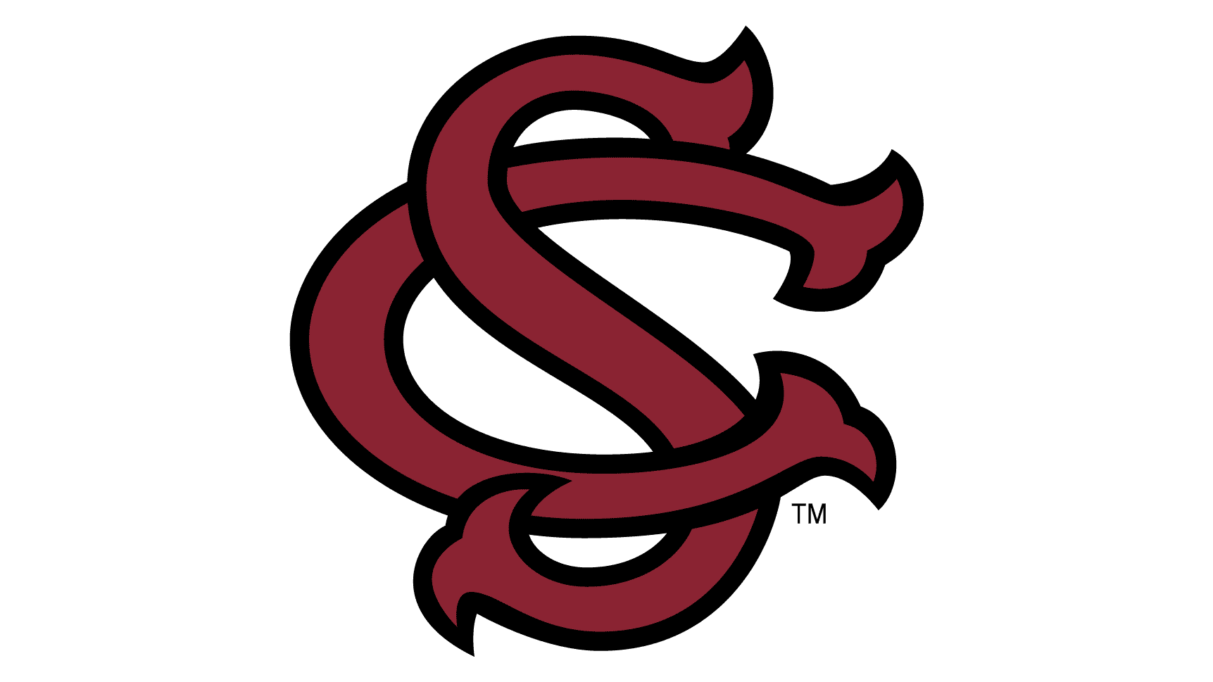 A stylized letter 'S' with decorative, curved edges in a dark maroon color on a black background.