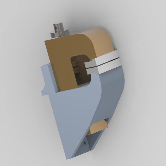 3D model of a mechanical component with metal and plastic parts, featuring a screw, a cylindrical beige section, and a gray base.