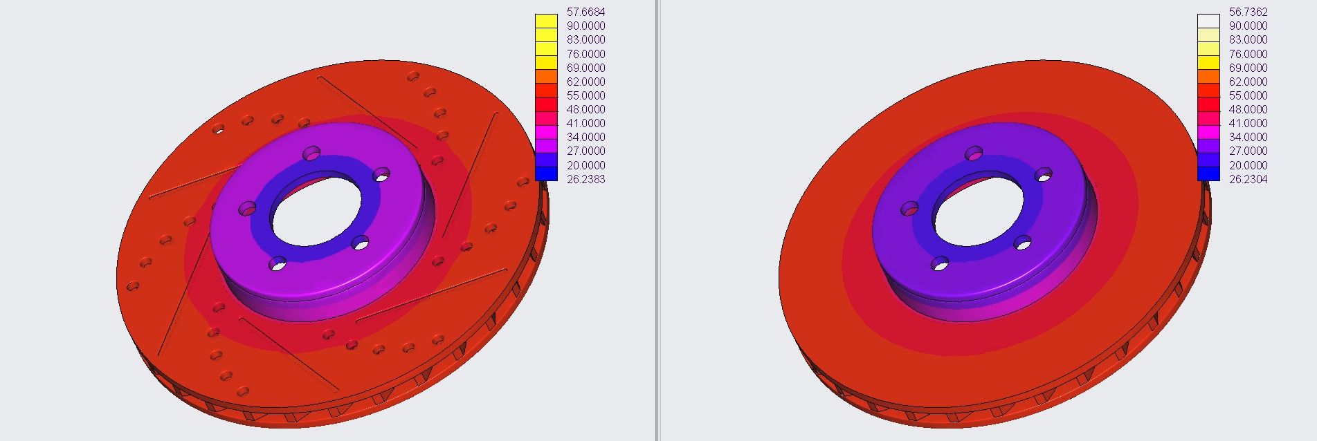 Color-coded 3D model of a mechanical component, possibly a brake rotor or wheel hub, showing stress or temperature distribution with a color scale. The model features a central hole, bolt holes, and a ventilated disc design.