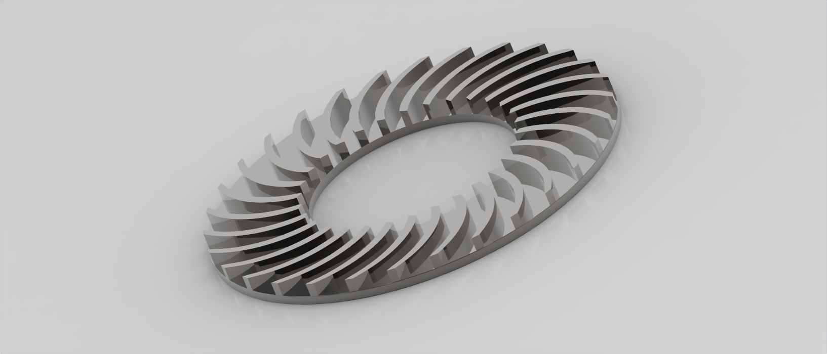 Metallic, donut-shaped mechanical part with evenly spaced blades around the inner and outer edges, on a plain white background.