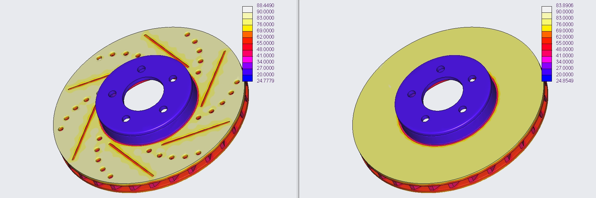 Color-coded 3D model of a mechanical part, possibly a wheel or brake disc, with a central blue disc and a surrounding yellow surface showing stress distribution.