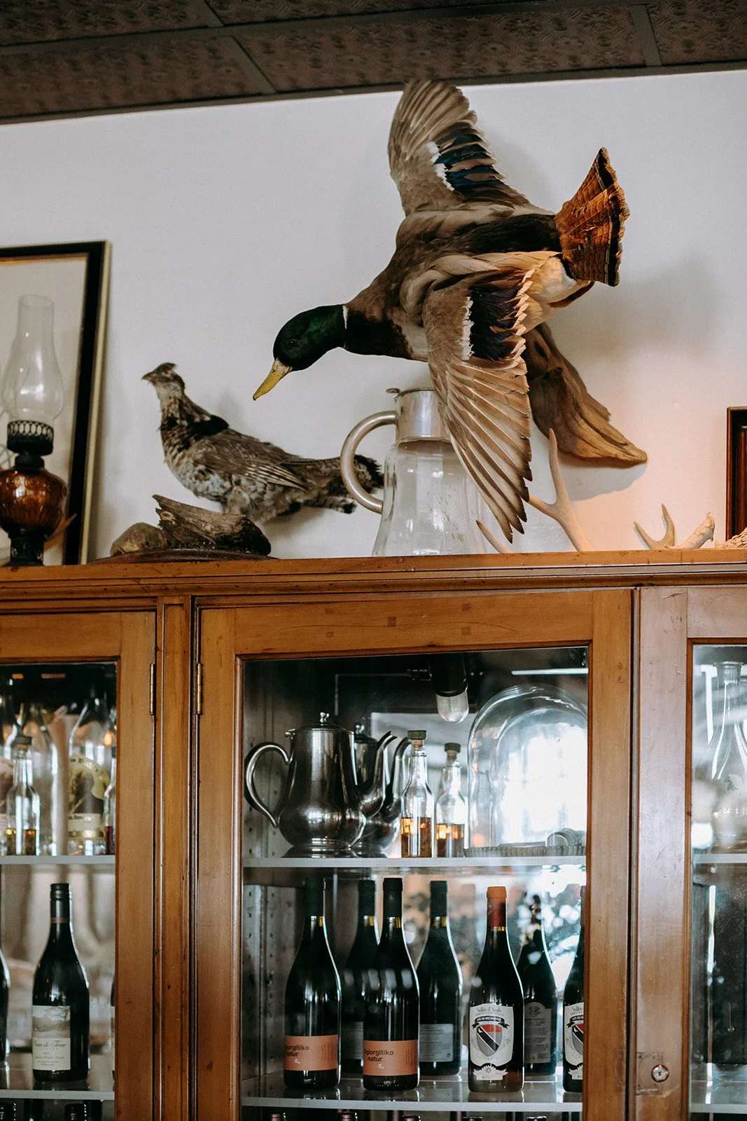 Taxidermy display of a mallard duck with wings spread, mounted on a glass-jug, above a wooden cabinet with wine bottles and glassware inside.