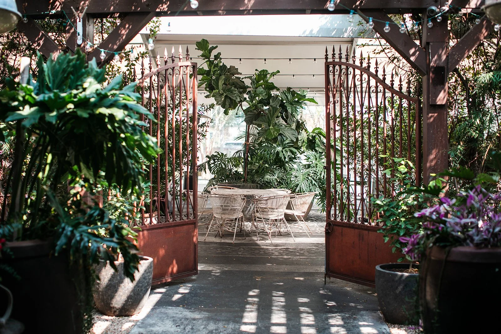 Open metal gates lead to a patio with potted plants, a large potted plant in the center, and a white round table with chairs underneath a canopy of string lights and surrounded by greenery.