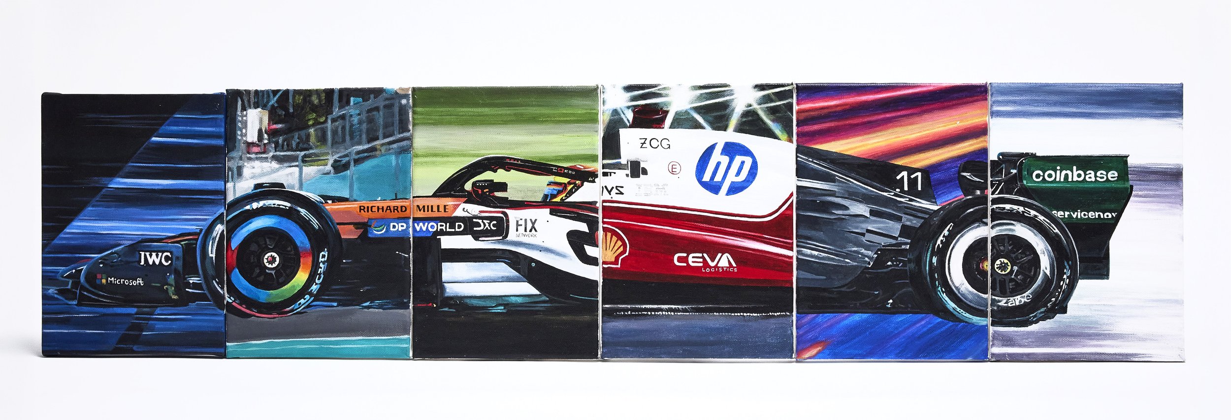 Multi-panel artwork of a Formula 1 race car with sponsor logos, rendered in a colorful, dynamic style.