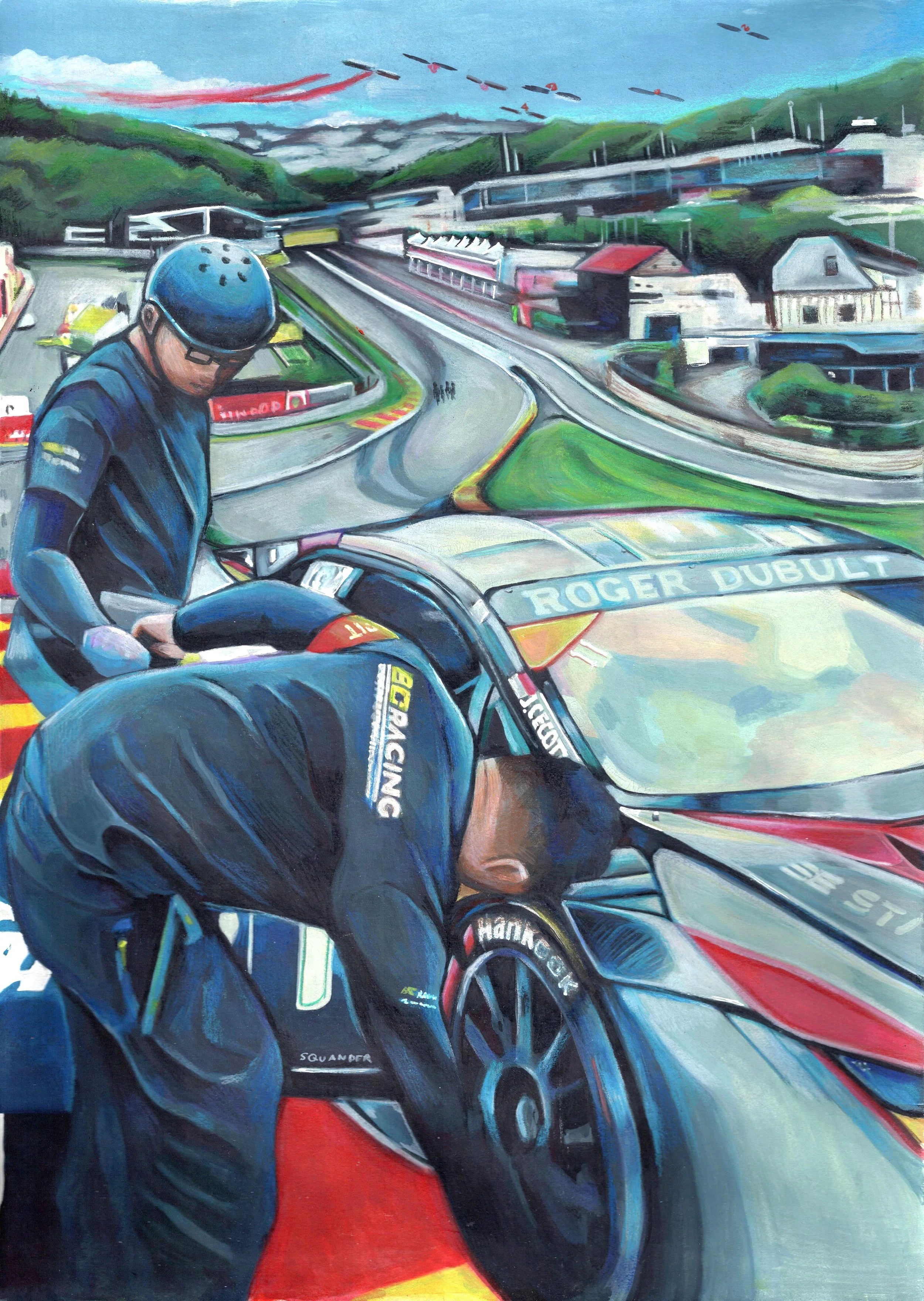 A painting of a motorcycle rider, wearing a blue helmet and gear, on a racetrack with a scenic background of green hills and a distant aircraft flying in the sky.
