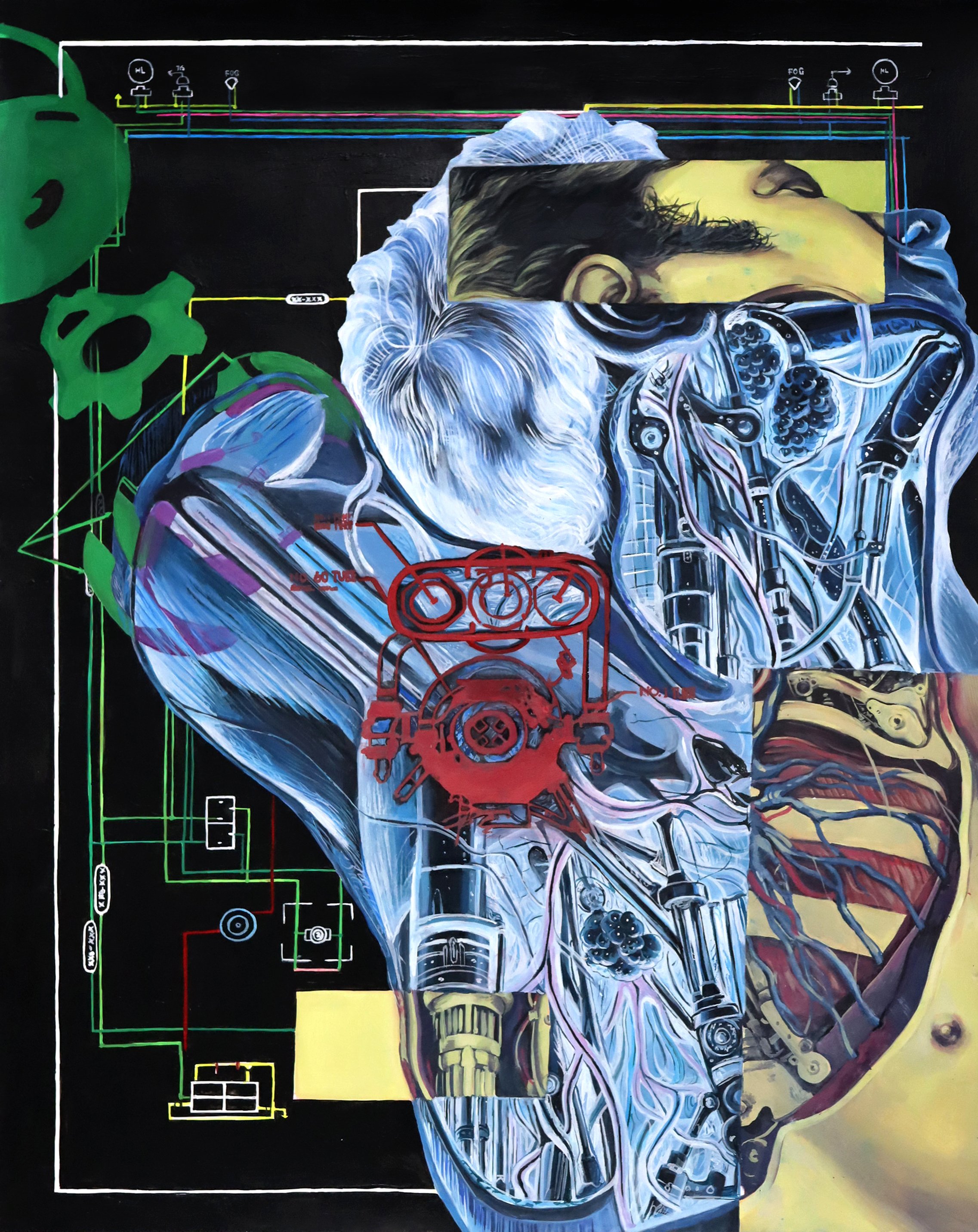 A surreal painting combining a detailed anatomical heart with a person's face and hair. The face is painted on a mirror or reflective surface, with closed eyes and dark hair. The background features a black space with multicolored lines and circuitry