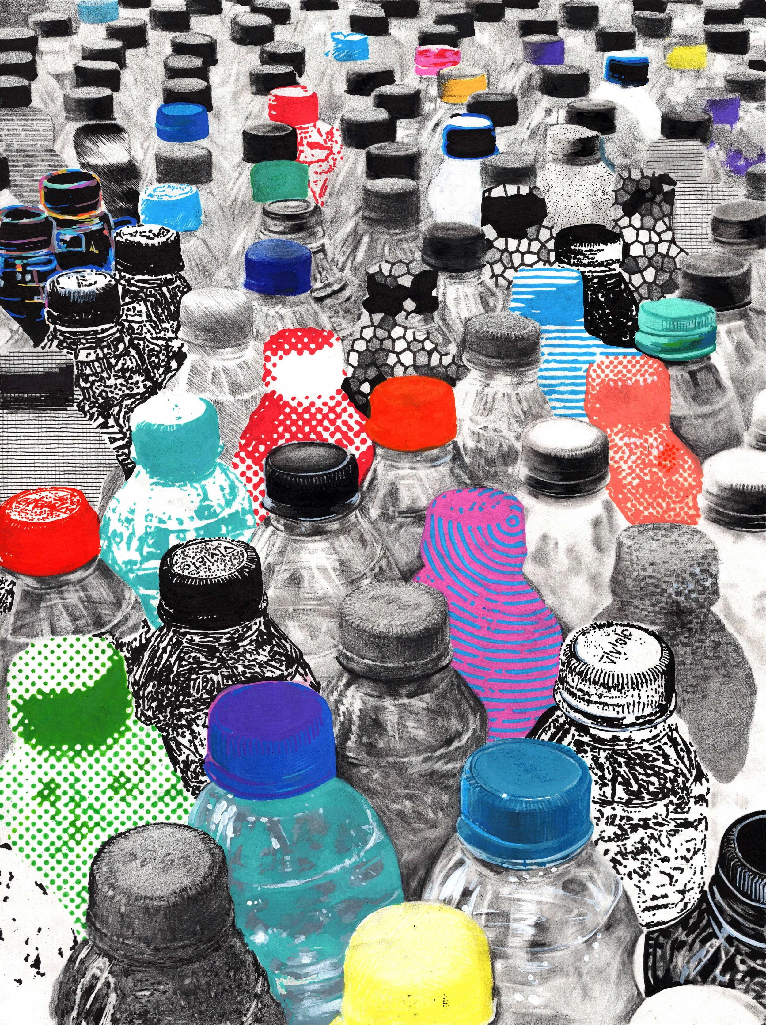 Row of colorful plastic bottles viewed from the front, with some bottles overlapping and others spaced apart.