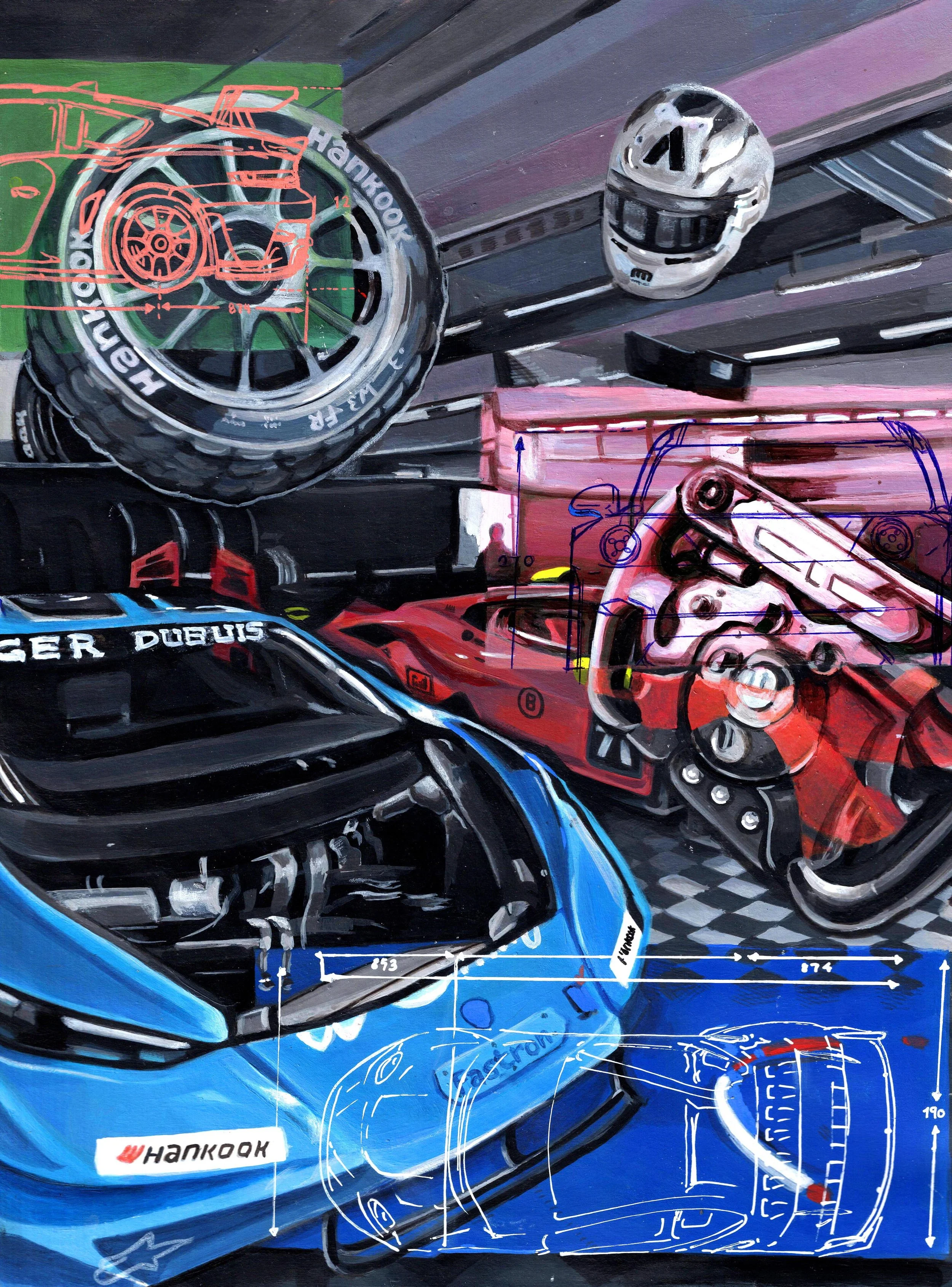 A detailed painting of a racing car, including technical sketches and measurements, with a focus on the front wheel, helmet, and mechanical components, featuring branding such as Hankook.