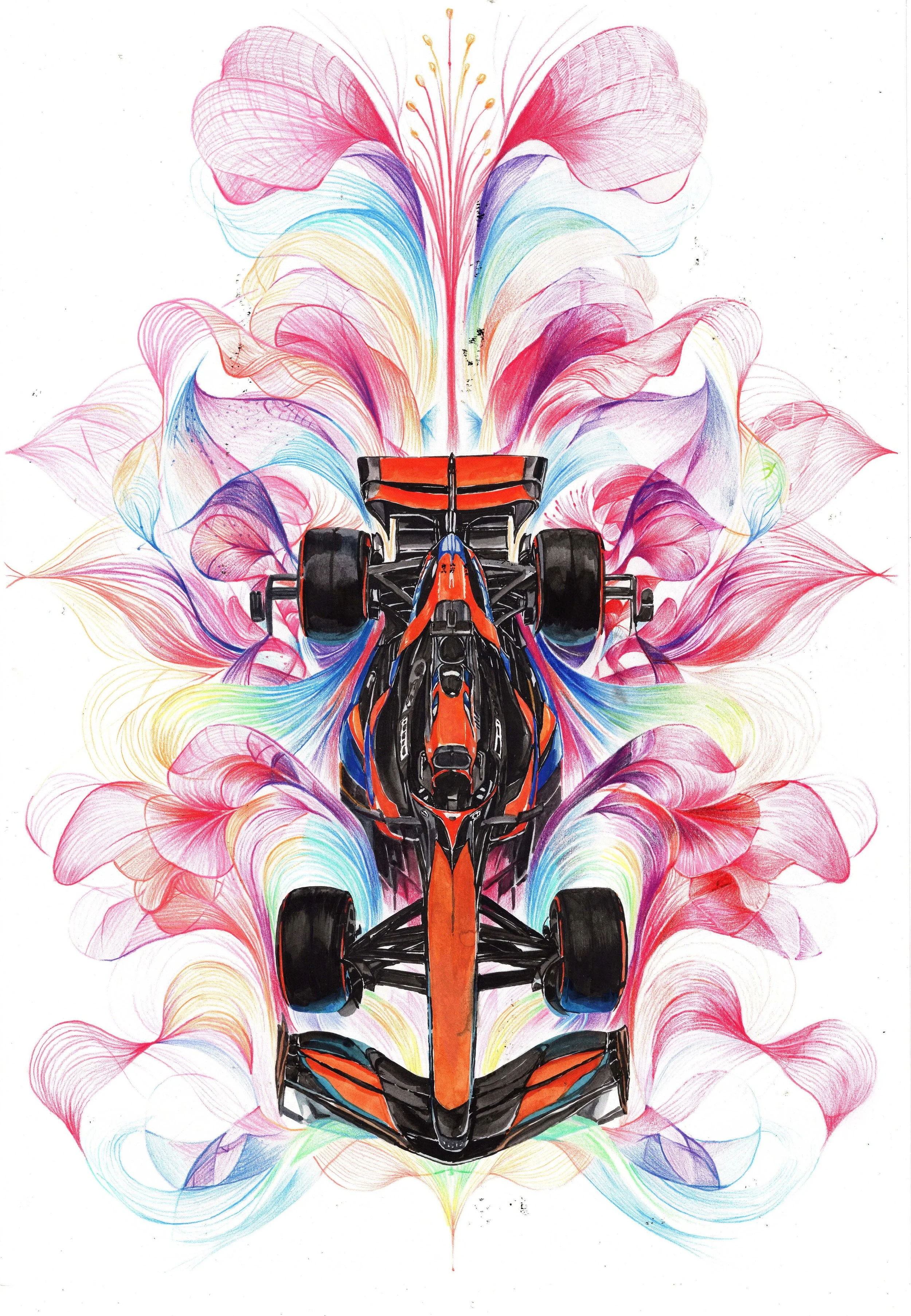 A colorful illustration of a Formula 1 race car at the center, surrounded by vibrant, flowing, leaf-like patterns in pink, purple, blue, yellow, and green.