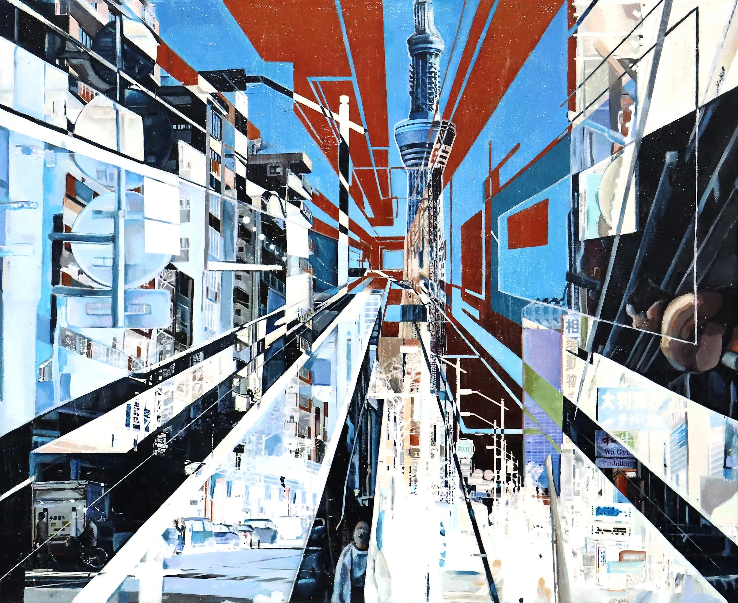 A busy city street scene with buildings, street signs, and a tall tower with a spire in the background, depicted in a colorful, abstract style.