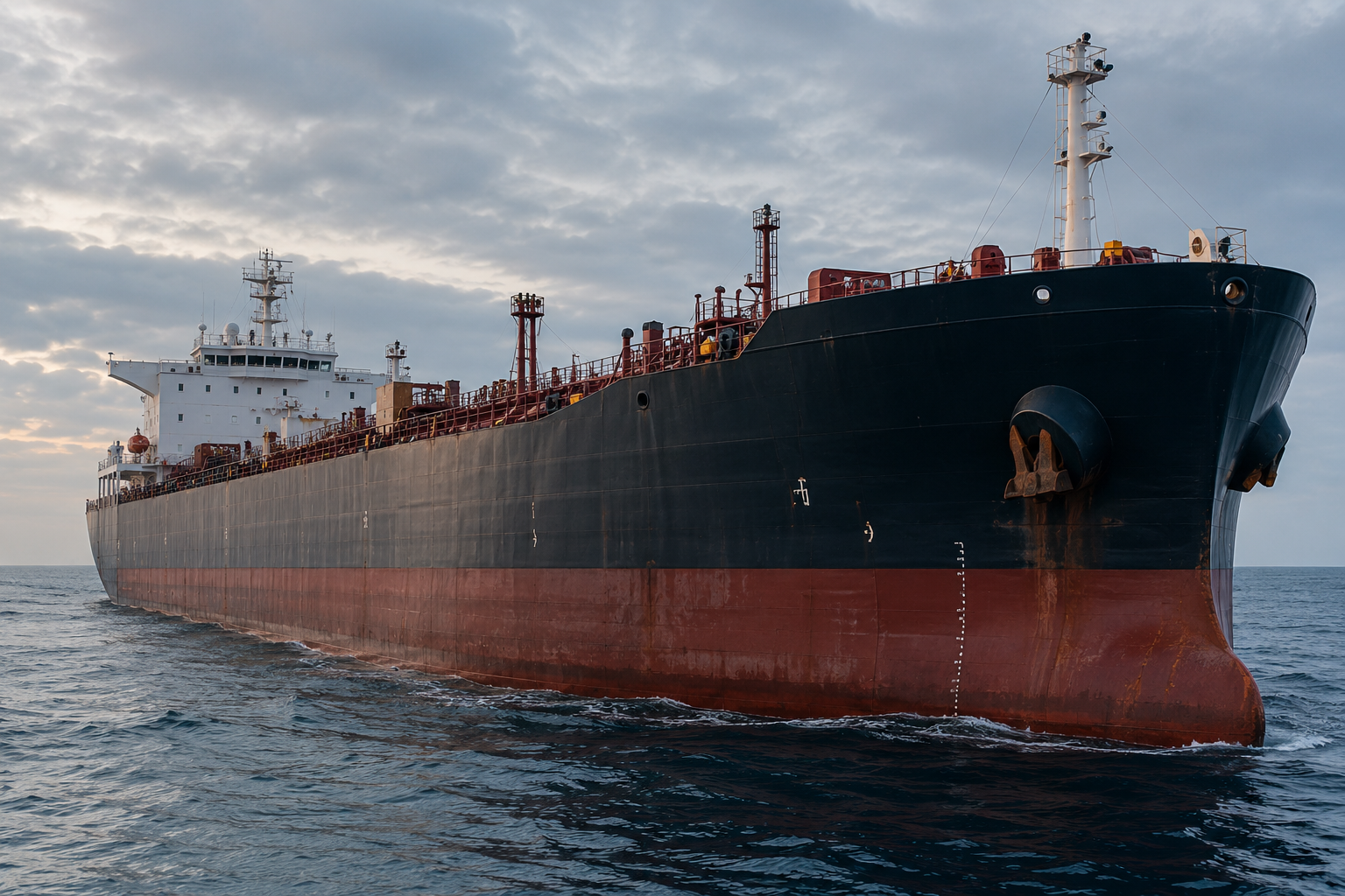 A large cargo ship sailing in the ocean under a cloudy sky.