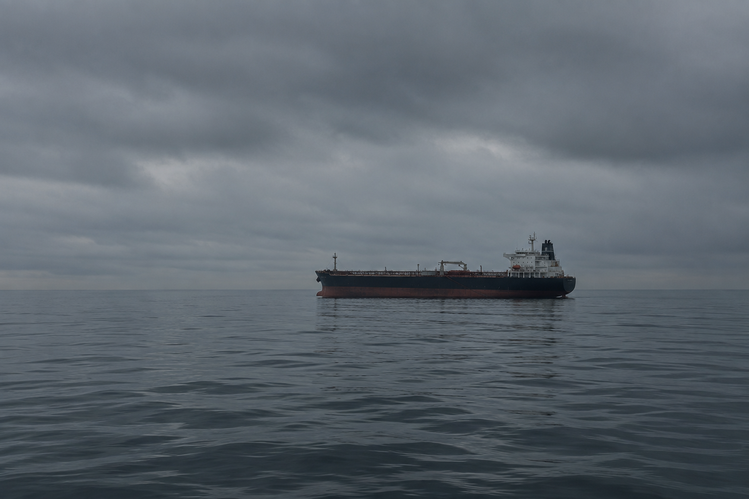 A large black and red cargo ship on calm ocean waters under a cloudy overcast sky.