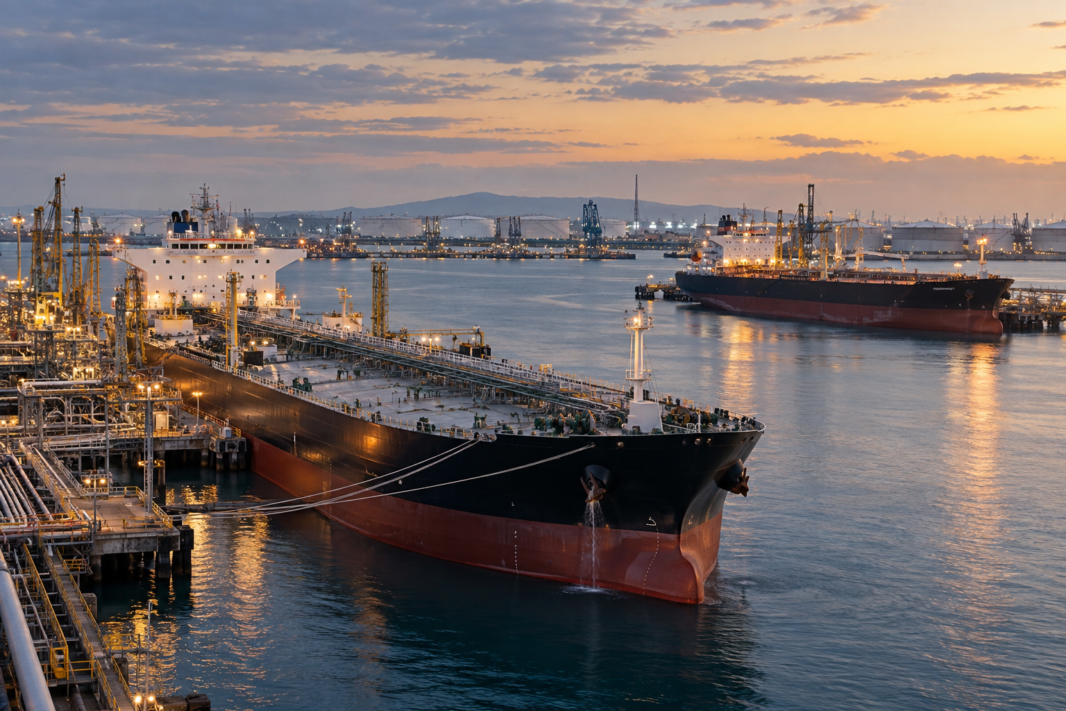 Large oil tanker ship docked at port during sunset, with industrial cranes and other ships in the background.