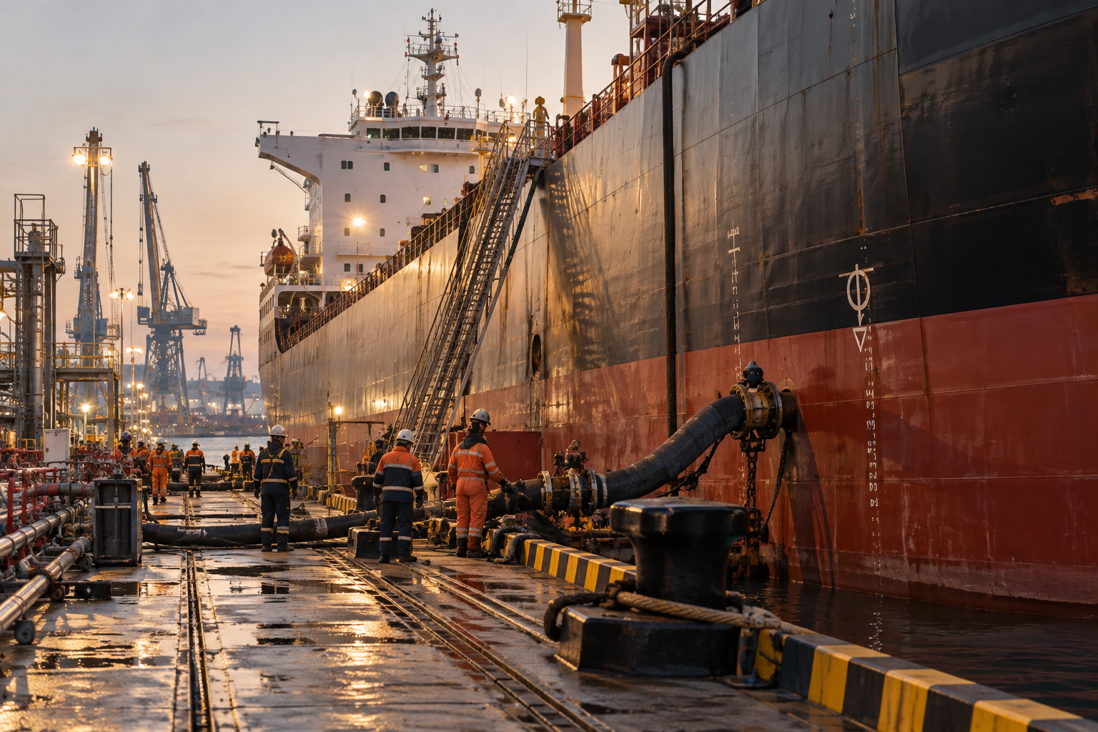 Workers in safety gear at a ship's dock during sunset, connecting hoses to a large cargo ship in a busy port with cranes in the background.