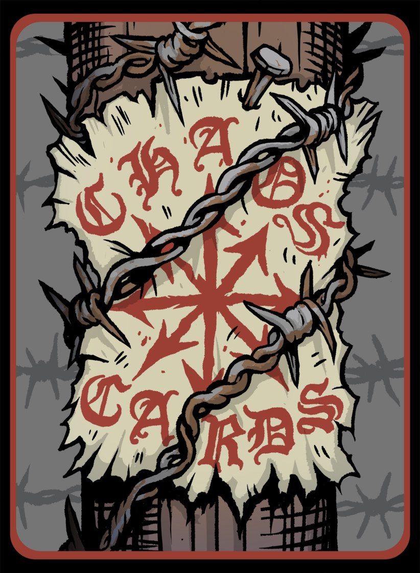 A torn piece of paper with red symbols and a red star in the center, wrapped with barbed wire and surrounded by nails and wood planks.