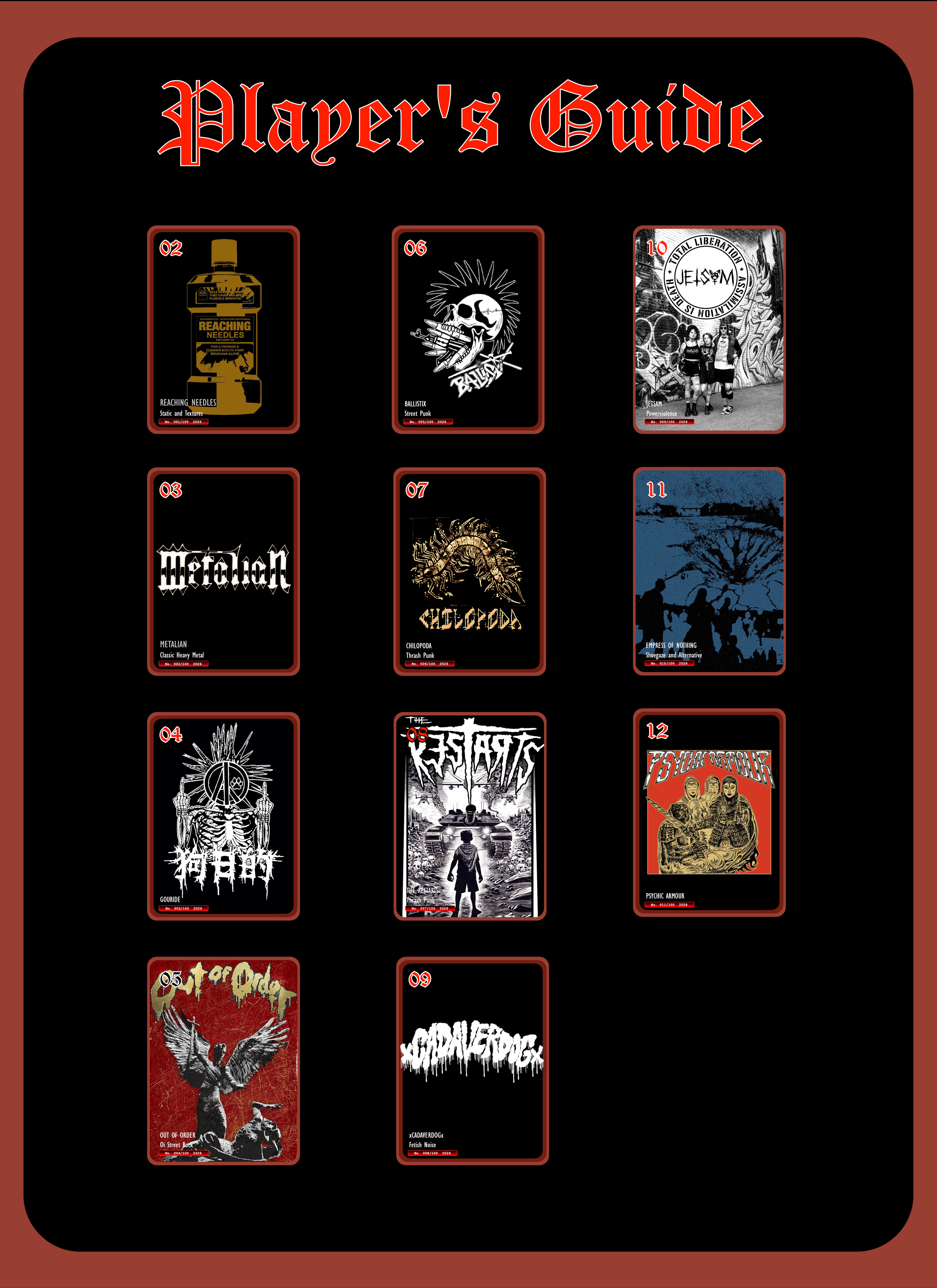 Image titled 'Player's Guide' featuring various graphic album covers arranged in a grid. The covers display different artwork and band names, with some titles including 'Reaching Needles,' 'Ballistix,' 'Metalam,' 'Chilpoda,' 'Empress of Nothing,' 'Gourde,' 'The Restarts,' 'Psychic Armour,' and 'Out of Order.'