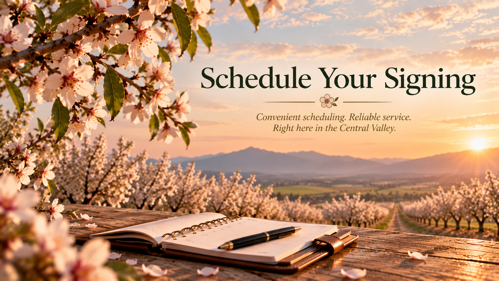 A scenic view of blossoming cherry trees in a valley at sunset with mountains in the background, a notebook with a pen on a wooden surface in the foreground, and an overlay text promoting scheduling an appointment with reliable service in the Central Valley.
