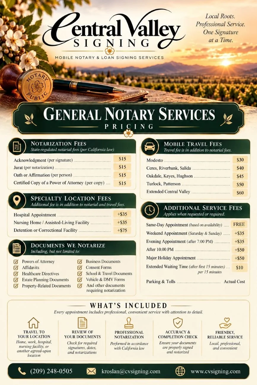 General mobile notary pricing in Modesto, CA: fees for notarization, specialty locations, travel, and extra services listed clearly.
